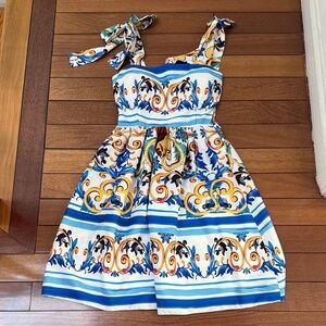 Italian Colorful Patterned Dress with Bow Straps S